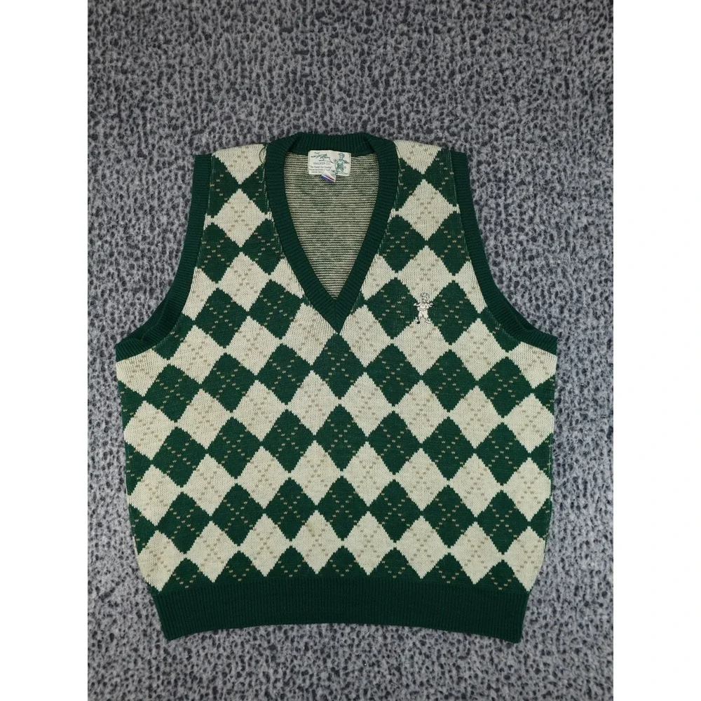 The Knicker Co Sweater Vest Mens XL Green Argyle V-Neck‎ Golf USA Made
